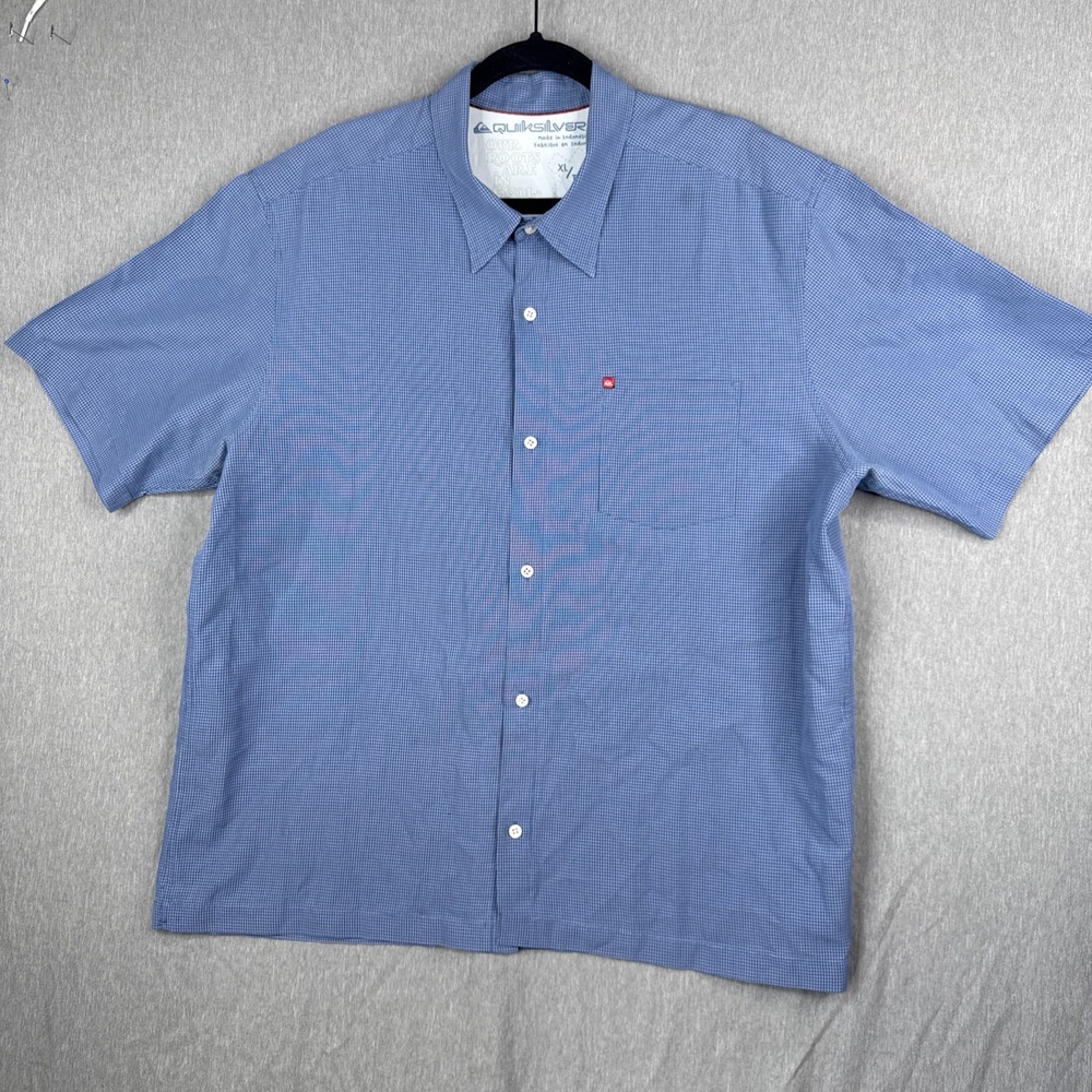 Quicksilver Shirt Blue Gingham Micro Check Short Sleeve Button Down XL Men's